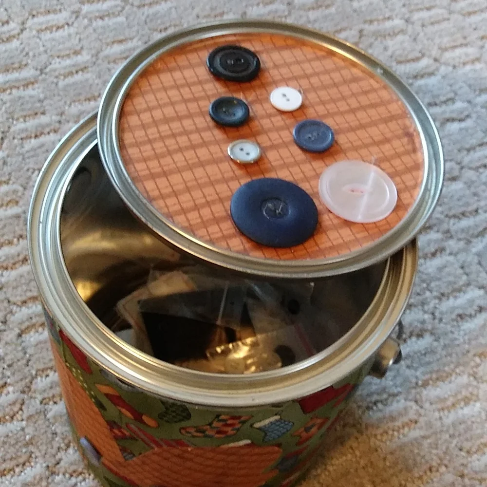 Button or Sewing Supply Storage Can with Secure Lid Closure and Handle
